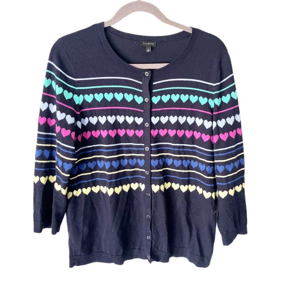 Talbots Navy Blue Heart Stripe Classic Cardigan Size Large Whimsical Dopamine